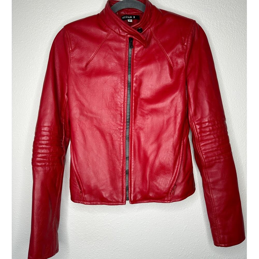 William B Cherry Red 100% Leather Moto Jacket Front Zip Silk Lining S - Picture 2 of 14